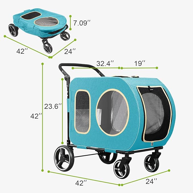 2025 Upgraded Dog Stroller for Large & Medium Dogs，Pet Stroller for 2 Small Dogs, Foldable Jogger Wagon with Detachable Carrier for Car Seat, Adjustable Handle, Up to 90 lbs, Blue