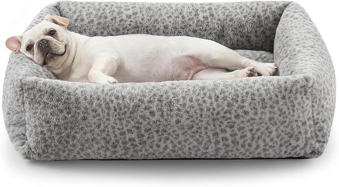 JOEJOY Dog Bed for Small Medium Dogs, Removable Washable Cover Orthopedic Soft Faux Rabbit Fur Pet Bed, Anti-Slip Fluffy Plush Puppy Bed, 25"x21"x7", Leopard Print, Grey by JOEJOY