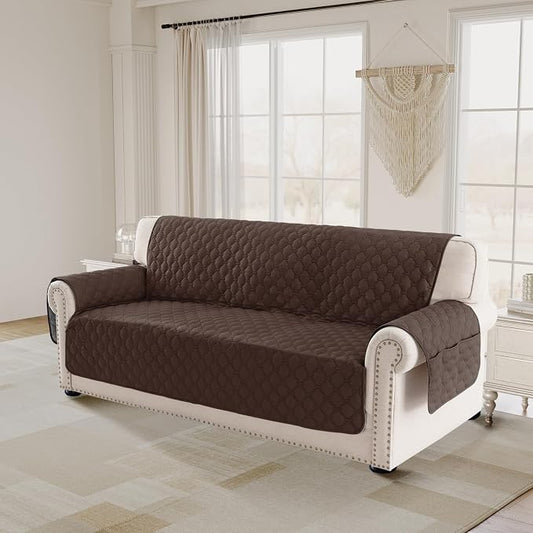 PrinceDeco Couch Covers for 3 Cushion Couch Quilted Sofa Slipcovers Water Resistant and Anti-Slip Furniture Protector Sofa Cover Pet Friendly Seat Width to 68"(Sofa, Brown) by PrinceDeco