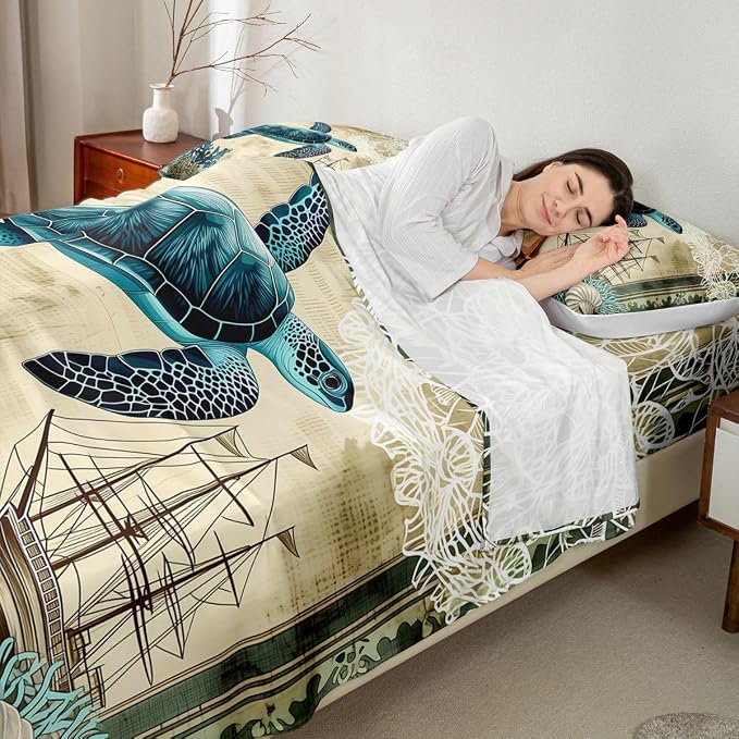 Erosebridal Ocean Beach Sea Turtle Sheet Set,Children Teens Retro Tortoise Bed Sheet Hawaiian Reptile Turtle Printed Bed Set with Fitted Flat Sheet,2 Pillowcases,Queen - Image 6
