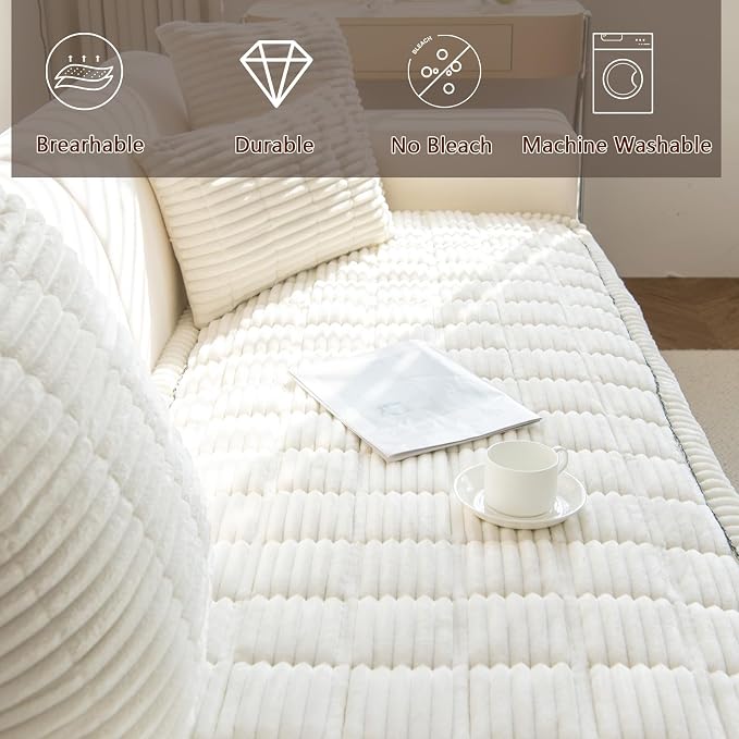 Thick Pet Couch Covers for Sofa (27.6"x94.5",Stripe White) | Soft Sofa Covers for 4 Cushion Couch, Machine Washable，Non Slip Sofa Cover, Flannel Dog Pet Friendly Couch Covers Protector - Image 4