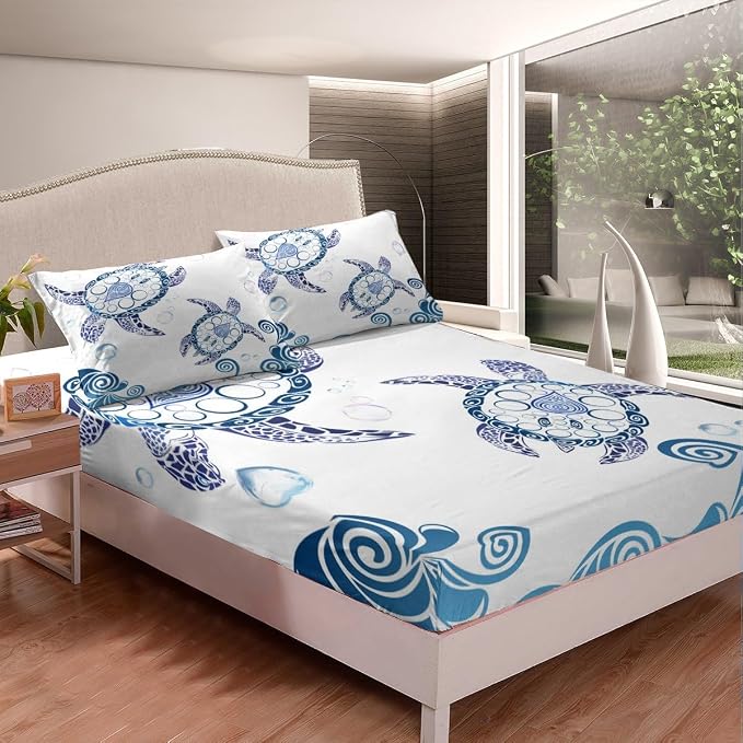 Turtle Bed Sheet Set,Ocean Animals Illustration Monochrome Sea Turtle Ocean Elements Sheets Set, Soft Decorative Fabric 3-Piece Bedding Set (Flat Sheet + Fitted Sheet + Pillow Sham) White Blue,Twin - Image 4