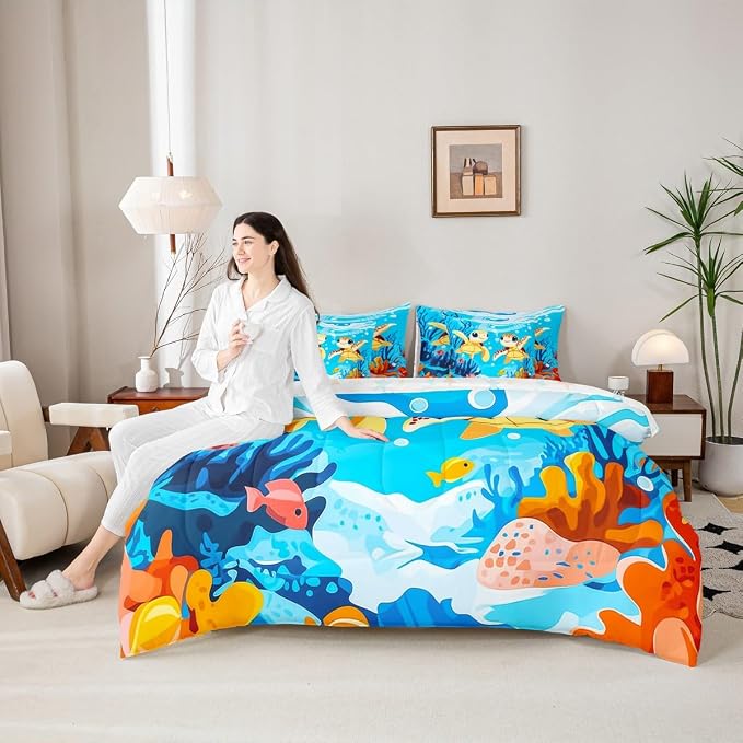 Erosebridal Cute Turtle 7-Piece Bedding Set King Size, Reptile Tortoise Comforter Set with Sheets, Underwater World Sea Animal Bed in A Bag, Colourful Coral Bedding Comforter Sets - Image 6