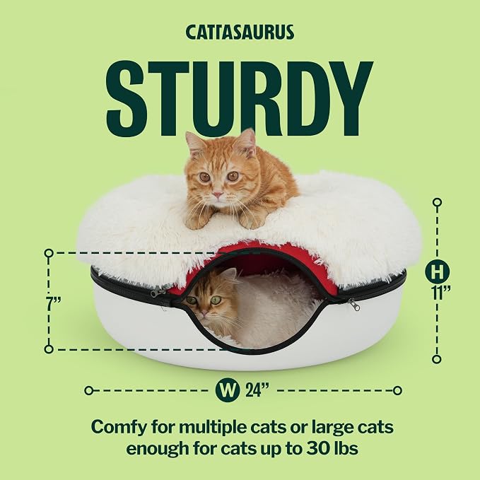 Cattasaurus Peekaboo Cat Cave for Multiple & Large Cats Up to 30-45 Lbs, Fluffy Cat Beds & Furniture, Scratch Detachable & Washable Tunnel Bed, Comfy Donut Bed (Ruby Snowball, Large (Calming)) - Image 2
