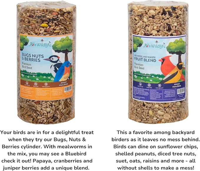 JCs Wildlife Bird Seed Cylinder with Hole Variety Pack, Premium Blends Wild Bird Food for Outside Feeders, Cardinals Woodpeckers Finches Bluebirds Chickadees, Made in the USA, Small, 6 Pack - Image 5
