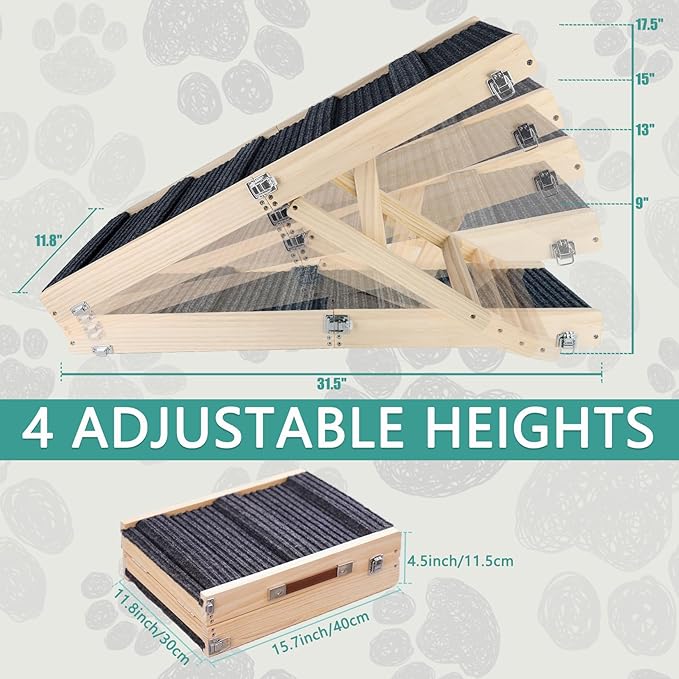 Wooden Folding Portable Pet Ramp. 4 Levels Adjustable 9" to 17.3" with Non-Slip 5 Paw Traction Mat for Small Medium Doggie. Dog Ramps-GY