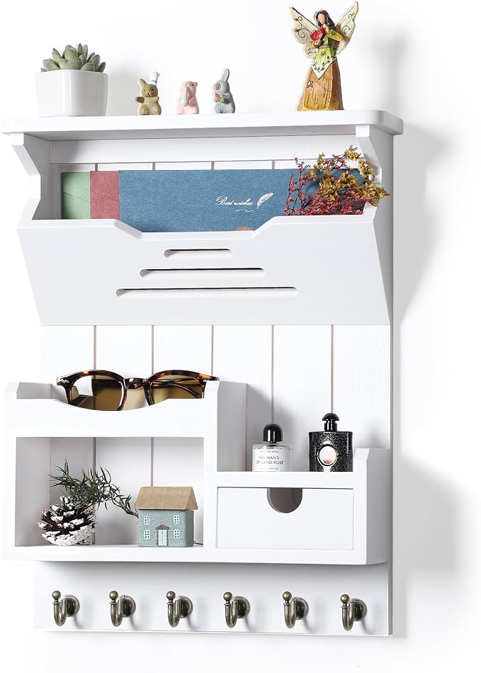 DOPACE Handcrafted Pine Wood Mail Organizer & Key Holder, White | Hand-polished natural pine wood with storage drawer & 6 hooks, Fine spray paint finish, Easy wall mount by DDOPACE
