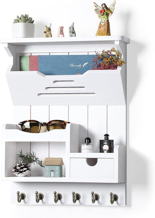 DOPACE Handcrafted Pine Wood Mail Organizer & Key Holder, White | Hand-polished natural pine wood with storage drawer & 6 hooks, Fine spray paint finish, Easy wall mount by DDOPACE
