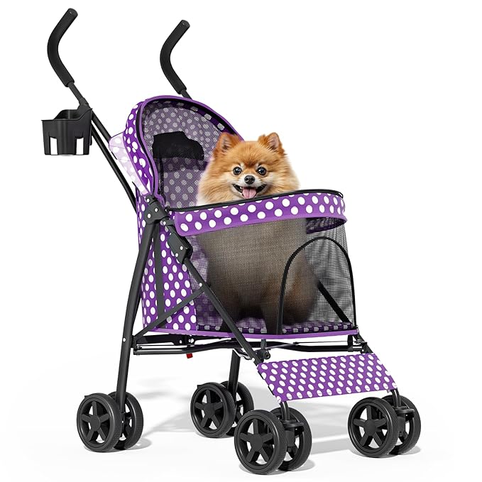 MoNiBloom 4 Wheels Pet Stroller, Easy-Fold Umbrella Shaped Dog Cat Jogger Stroller w/Storage Bag & Visible Mesh for Small/Medium Dogs Cats Purple Polka Dots