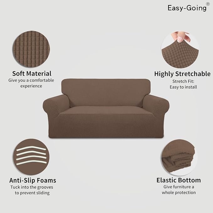 Easy-Going Stretch Oversized Loveseat Couch Covers Washable Brown | 1-Piece Large Loveseat Cover for 2 Cushion Couch Furniture Protector RV Sofa Slipcover Soft with Bottom for Kids Pets - Image 3