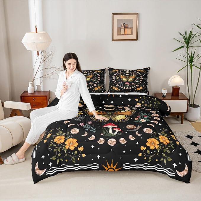 Manfei Bohemia Mushroom Comforter Set Toddler Size,Exotic Botanical Floral Bedding Set for Kids Girls Boys Room Decor,Starry Sky Galaxy Soft Duvet Insert for All Season,1 Pillowcase,Black Brown - Image 2