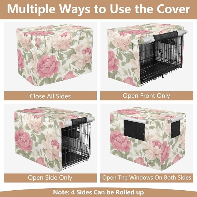 Dog Crate Cover Kennel Cover for Dog Cages Breathable for Wire Cage Indoor Outdoor Peony Flowers Fresh Beige - Image 5