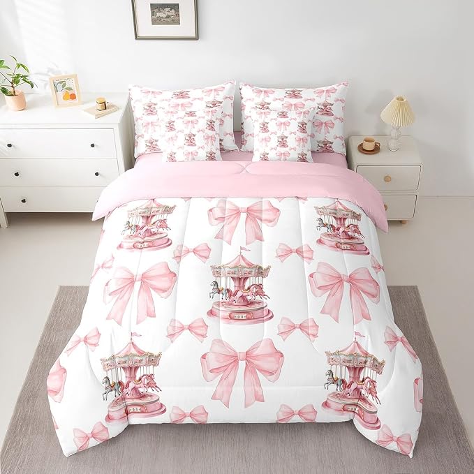 Erosebridal 7 Piece Girls Pink Princess Kids Comforter Set King Bed in a Bag,Romantic Bowknot Carousel Bedding Set for Kids Children,Dreamy Bows Duvet Insert,Cartoon Horse Geometric Sheet Set - Image 2
