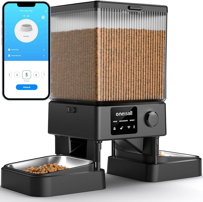 oneisall Automatic Cat Feeder with 5G WiFi, Automatic Cat Food Dispenser for 2 Cats Small Pets, 20 Cups/5L Timed Dry Food Dispenser with App Control by oneisall