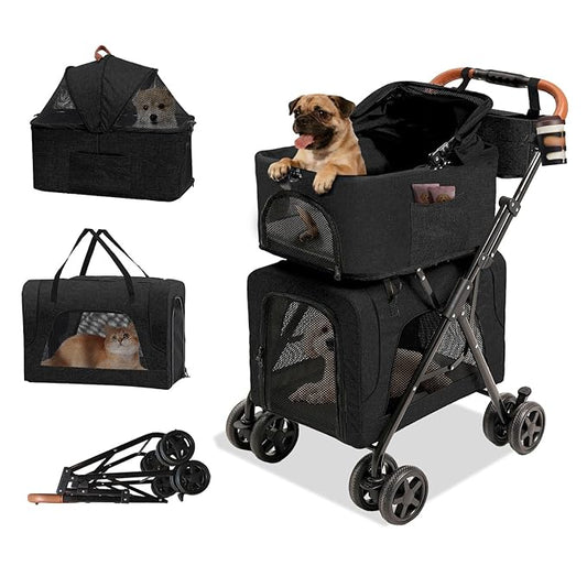 Pet Stroller for Dogs and Cats, 4 in 1 Cat Strollers for 2 Cats, Foldable Dog Stroller for Medium Dogs 20 lbs with Cup Holder and Storage Bag, Suitable for All-Terrain, Dog Gifts