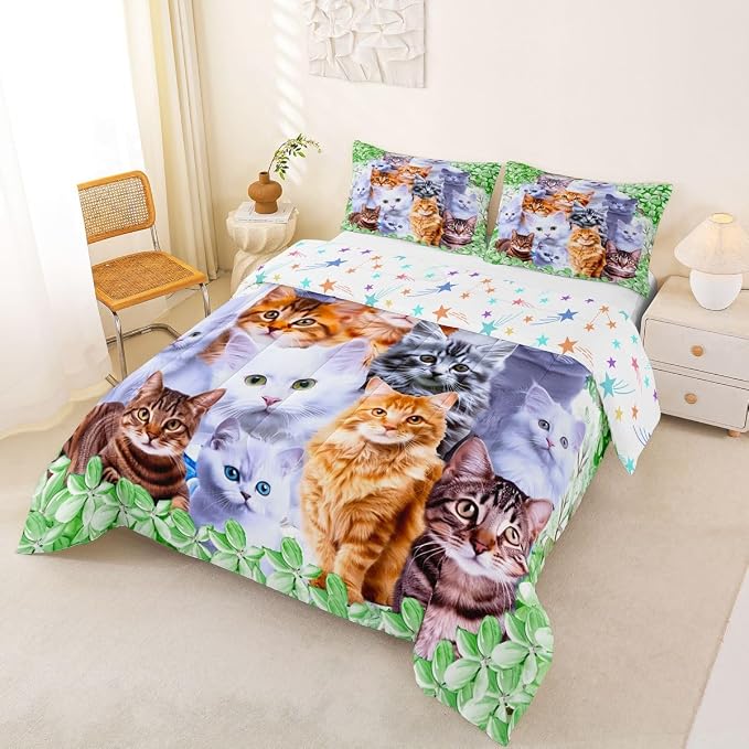 Feelyou Cute Cartoon Cat Twin Comforter Set for Girls Princess Pet Cats Bedding Set Kids Collage Kitten Kitty Bedding Comforter Feline Animal Lovely Floral Green Decor Quilt with 1 Pillowcase Boys - Image 3