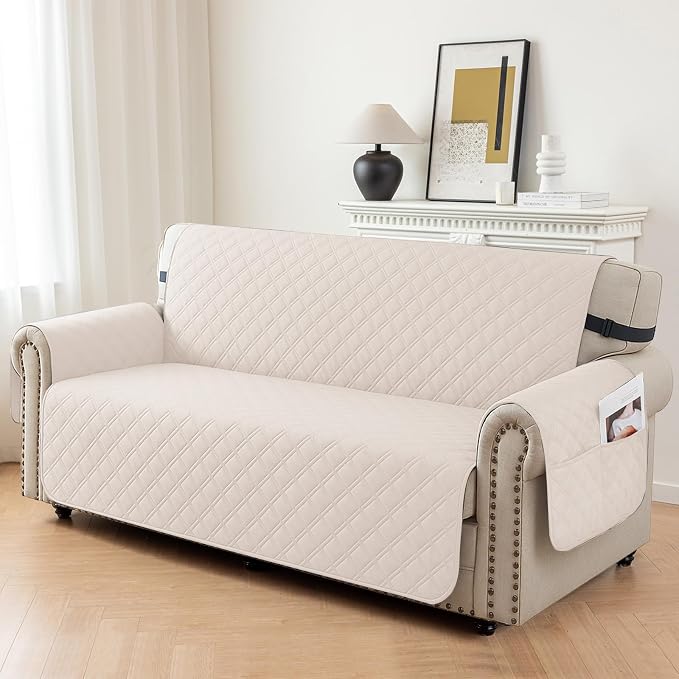 Waterproof Couch Cover for Pets Large, Sofa Covers for 3 Cushion Couch Washable, Non Slip Couch Covers for Dogs with Side Pockets, Quilted Couch Covers (Oversized Sofa, Beige) - Image 2