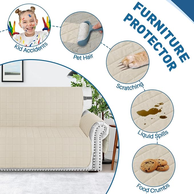 MAXIJIN Waterproof Chair Cover Slipcovers for Pets Dogs, 23.5" Quilted Armchair Sofa Cover Washable Dog Couch Covers Protector with Elastic Strap & Side Pocket (Chair, Beige New) - Image 7