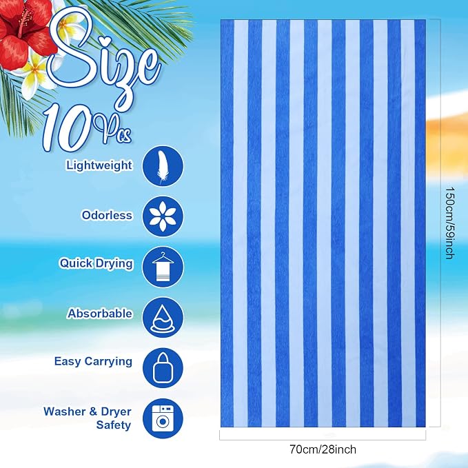 EBOOT 10 Pack Oversized Beach Towel Set Extra Large Pool Towels Microfiber Quick Dry Swim Blanket for Adult Women Men Face Hand Body Bath Travel Pool(Blue,28 x 59 Inch,Stripe) - Image 2