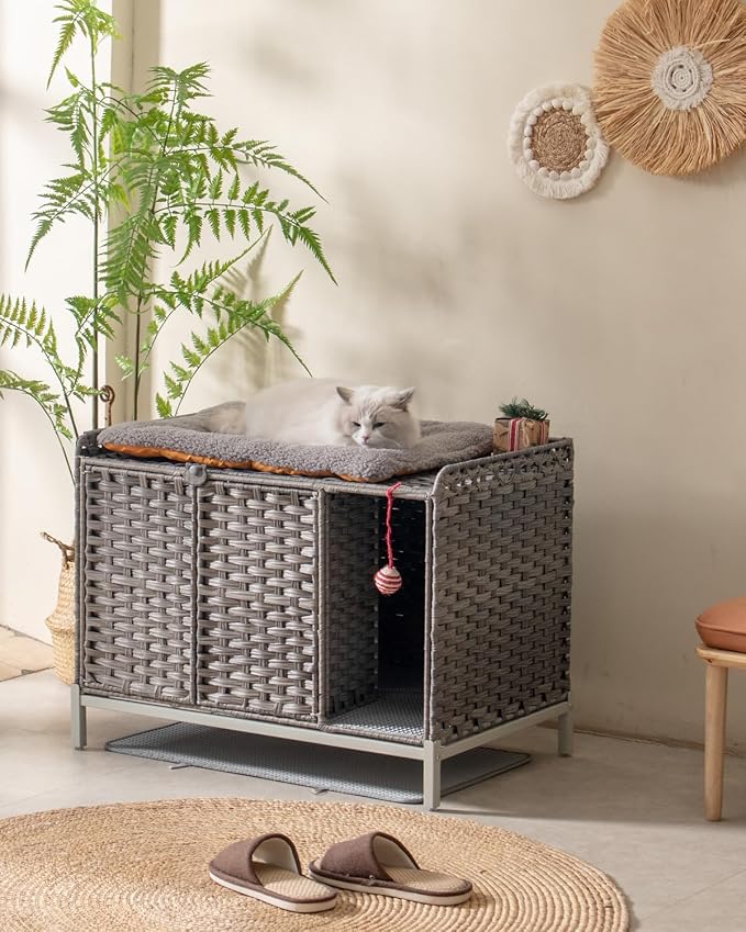 SETVSON Cat Litter Box Enclosure Furniture with Divider, Cat Cabinet,Gray | Handwoven PE Rattan with Soft Mat, 3.54-In Heightened Metal Feet, 2 S-Hooks, 31.2 x 19.6 x 24.2 Inches Spacious Cat Furniture - Image 6