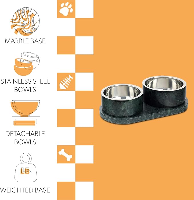 DBL1000A Marbre Small/Medium Modern Weighted Double Marble and Stainless Steel Bowl 12oz (1.5 Cups) Feeder with Non-Slip Marble Tray Set, Green - Image 4