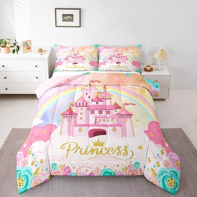 Princess Comforter Set King Size 3 Pcs,Fairy Tale Starry Rainbow Sky Glitter Bedding Set,Flowers Garden Princess Castle Fantasy Quilt Set for Adults Bedroom,Dreamy Pink Duvet Insert,2 Pillowcases - Image 4