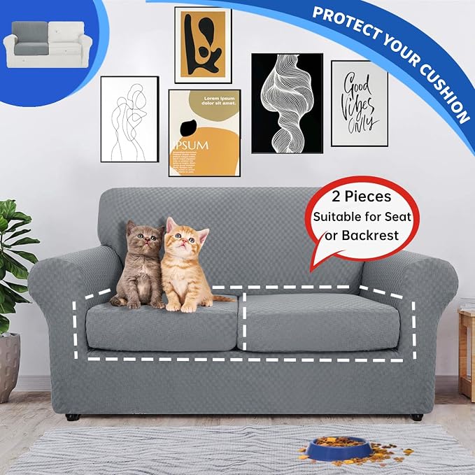 YEMYHOM Stretch Individual Cushion Covers Large Sofa Seat Cushion Slipcovers Soft Couch Cover Replacement Large Checkered Furniture Protector with Elastic Bottom (2 Pcs XL Cushion Covers, Light Gray) - Image 3