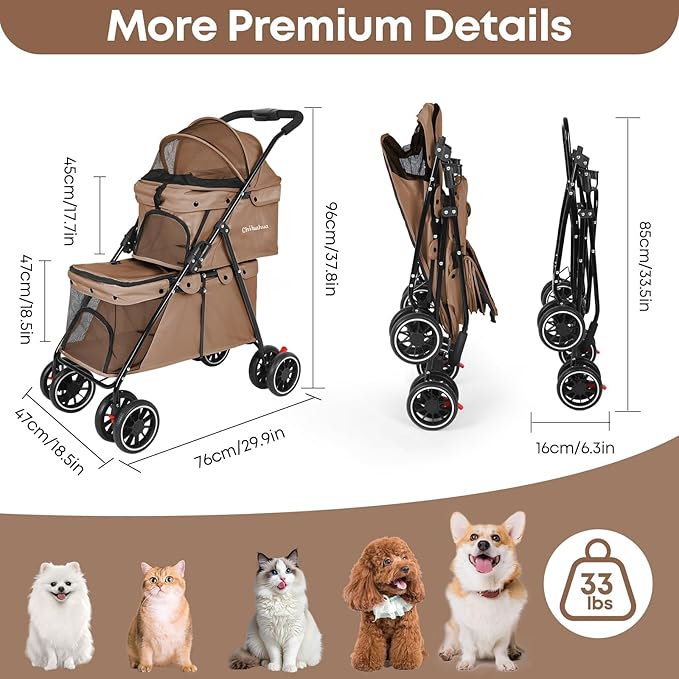 Double Pet Stroller for Dogs and Cats,Cat Strollers for 2 Cats,Double Dog Stroller for 2 Small Medium Dogs,4 Lockable Wheels/Lightweight/Folding,Khaki