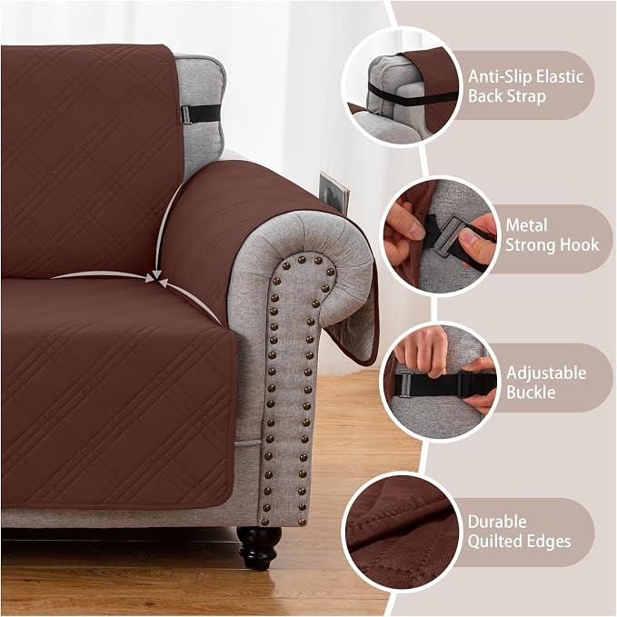 100% Waterproof Couch Cover for Dogs, Washable Anti-Slip Sofa Cover with Elastic Straps & Side Pockets, Quilted Furniture Protector for Kids & Pets (3 Cushion 68", Coffee) - Image 5