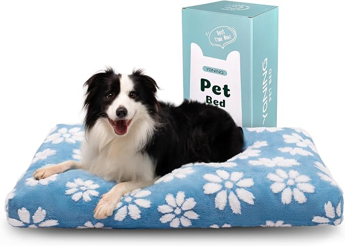 Dog Beds for Large Dogs, Cute Thick Dog Bed for Crate Kennel, Fluffy Pet Bed with Removable Washable Cover and Anti-Slip Bottom, 35"x 22", Blue Flower by Yaning