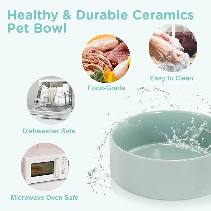 SPUNKYJUNKY Elevated Dog Bowls Ceramic, 6.1'' Dogs and Cat Food Water Bowls Raised with Non-Slip Bamboo Stand for Medium Sized Breed Microwave Dishwasher Safe - 28.7 OZ,Light Green - Image 5