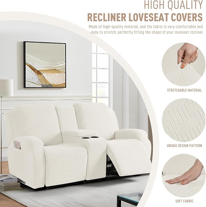 KinCam Loveseat Recliner Covers with Middle Console Slipcover, Cream | Stretch Recliner Sofa Covers for 2 Seat Couch Cover, Jacquard Furniture Protector Covers with Elastic Bottom for Kids, Pets - Image 5
