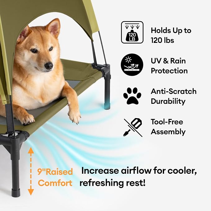 FUNNY FUZZY Elevated Dog Bed with Canopy, Green, X-Large (48"x36"x9") – Outdoor, Raised Pet Cot with UV Protection, Cooling Mesh, Indoor & Outdoor Use, Dog Cot for Large Dogs up to 120 lbs - Image 2