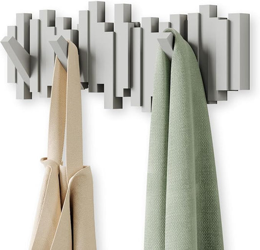 Umbra Sticks Wall Mount Coat Rack, 5 Hook Retractable Pegs, Grey | Mounting hardware included, sculptural modern design, entryway or bedroom use, recycled plastic by Umbra