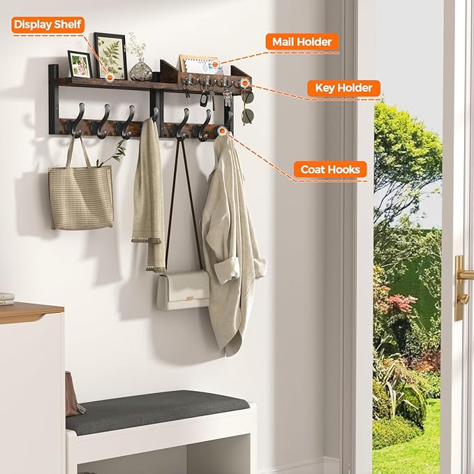 Evermagin 29" Coat Rack Wall Mount with Shelf for Entryway, Rustic Brown | Wall Mounted Coat and Key Rack with Hooks, Key Holder with Mail Organizer for Wall, Living Room, Mudroom, Bedroom - Image 4