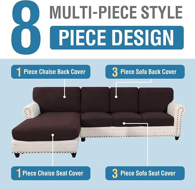 H.VERSAILTEX Sectional Couch Covers 8 Pieces Stretch Sofa Covers for Sectional Sofa Set Separate L Shaped Couch Cover for Both Left/Right Couch (Seat and Back: 1 Chaise + 3 Sofa, Chocolate) - Image 3