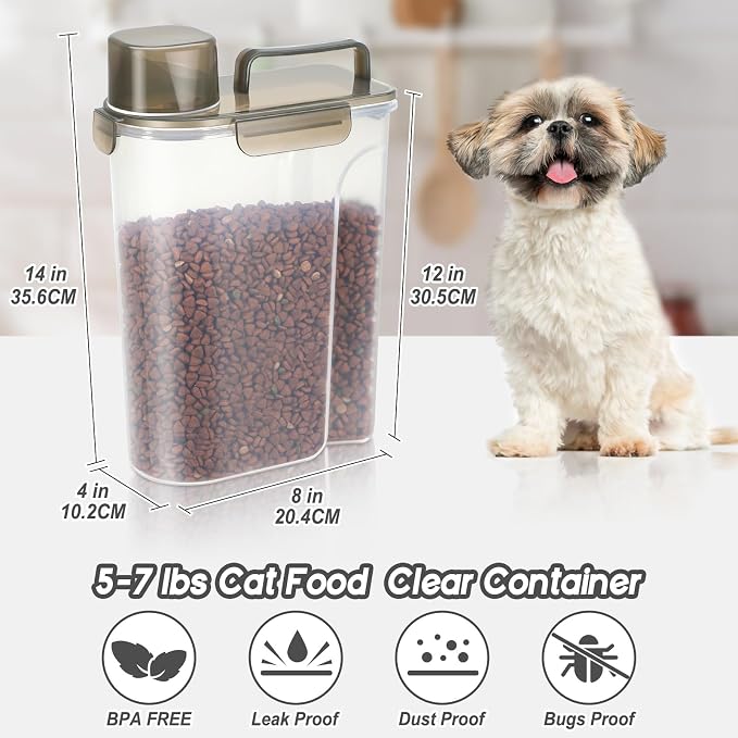 LEAWALK 5-7Lbs Dog Cat Food Storage Container with Upgraded Large Nozzle BPA-free, 4 Snap Seals Plastic Pet Food Storage Containers with Handles (Clear Brown, 5L-1pack) - Image 2