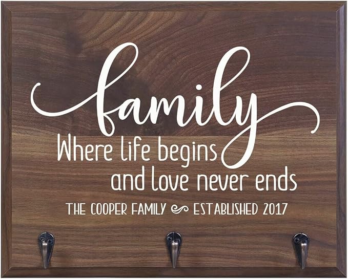Rooms Organized Personalized Family Wall Mounted Coat, Hat, Pet and Key Rack New Home Housewarming Gift Ideas with 3 Metal Hooks 15" w x 12" h 4.25" deep (Family Where Life) by Unknown