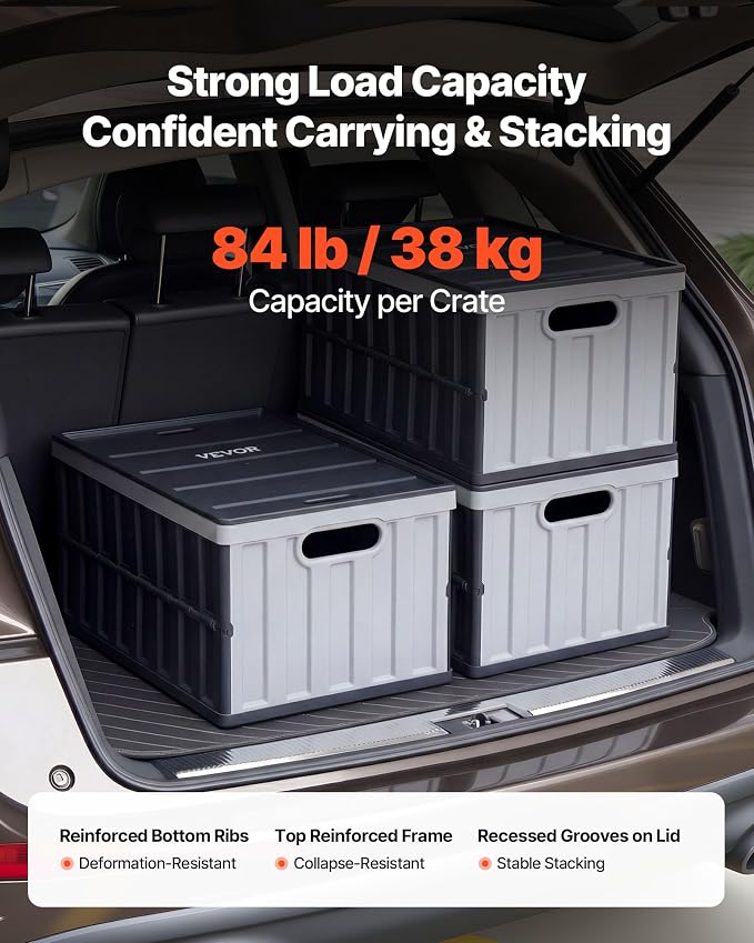 VEVOR Plastic Collapsible Storage Bins with Lids, 65L 3 Packs, Stackable Folding Storage Crates with Handles, Holds 84 lbs Per Bin, Heavy Duty Containers, Space-Saving Baskets, for Home Organizing - Image 3