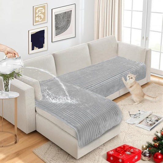 NAISI Couch Covers for Dogs Waterproof Flannel Striped Sofa Cover Pet Friendly Washable Dog Mat for Couch Anti Slip Sectional Sofa Slipcover Protector(2pcs/35"x63"+35"x70",Light Grey) by NAISI