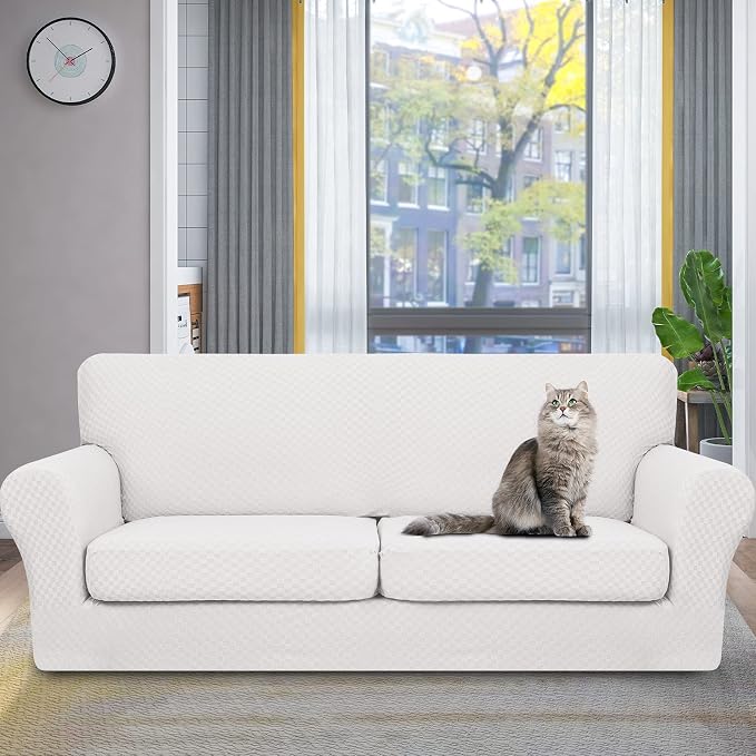 YEMYHOM Latest Checkered 3 Pieces Couch Covers for 2 Cushion Couch High Stretch Sofa Cover with 2 Extra Large Seat Cushion Covers Anti Slip Elastic Slipcovers (XL Loveseat, White), 71"-91"(2 CUSHIONS) - Image 2