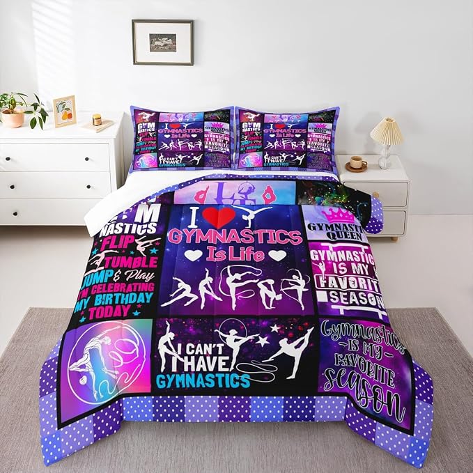 Vivid Gymnastics Lovers Girls Comforter Set Queen Size,Dance Sports Bedding 3pcs for Kids Teens Woman Room Decor,Classic Geometric Plaid Quilt Set,Purple Romantic Duvet Insert,2 Pillowcases - Image 5