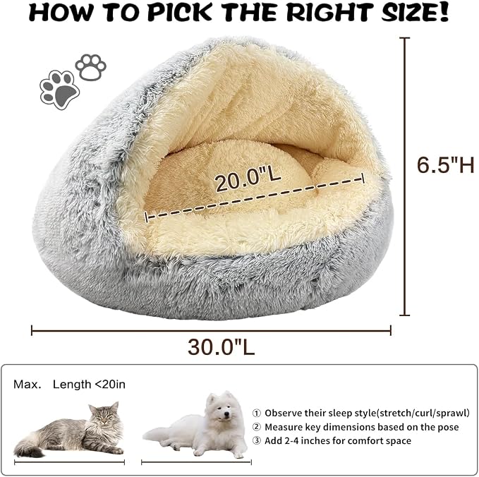 ShinHye Round Plush Fluffy Hooded Cat Bed Cave, Cozy for Indoor Cats or Small Dogs, Waterproof Bottom, Washable（30 in） - Image 2
