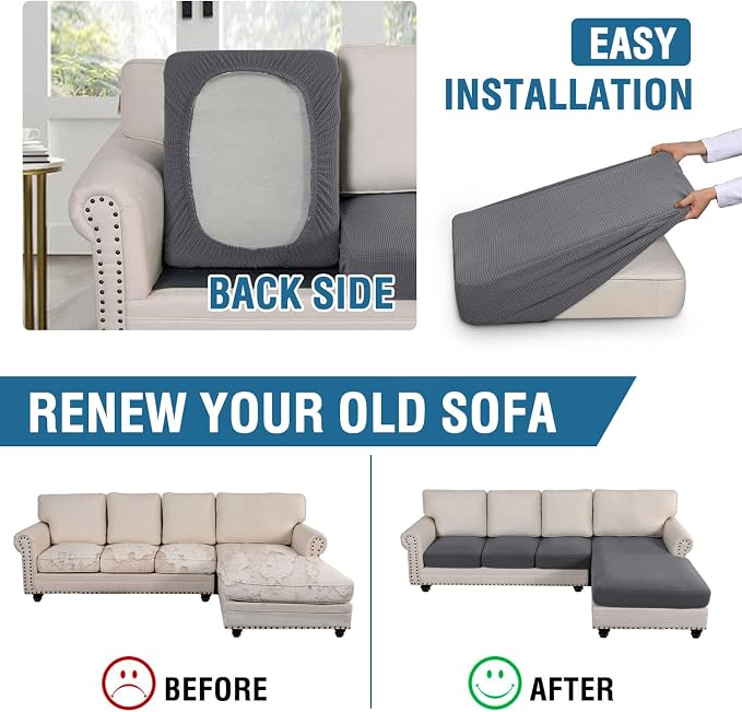 H.VERSAILTEX Sectional Couch Covers 4 Pieces Sofa Seat Cushion Covers L Shape Separate Cushion Couch Chaise Cover for Both Left/Right Sectional Couch (Seat Only: 1 Chaise + 3 Sofa, Grey) - Image 6