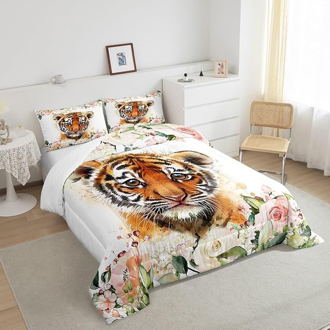 Manfei Cute Wildlife Animal Bed Comforter Set Queen Size,Watercolor Flowers Kawaii Baby Tiger Super Soft Microfiber Bedding Set for Adults Men,Cartoon Tiger Decorative Comforter Set,3 Pcs - Image 4