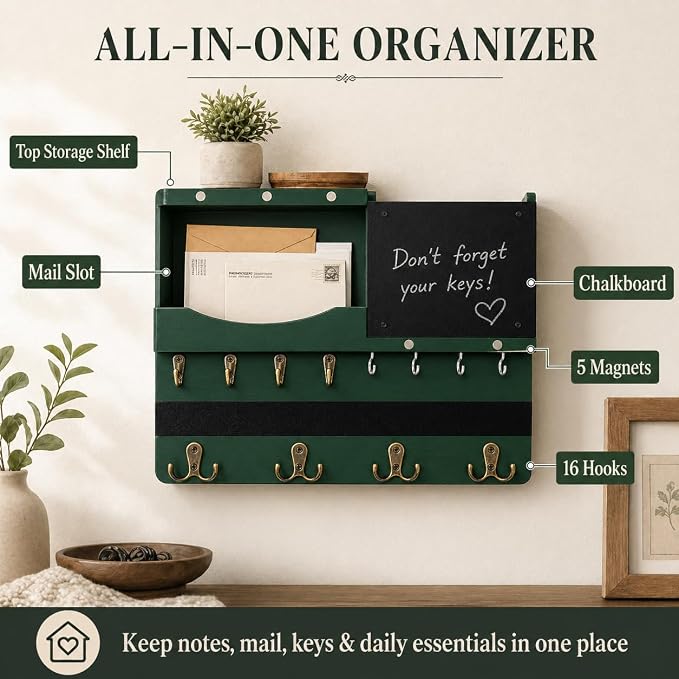 Key Holder for Wall Mount with Shelf and Mail Organizer, Key and Mail Holder with 16 Hooks, Farmhouse Entryway Organizer, Home Decor Rack (Pine Wood,Green) - Image 3