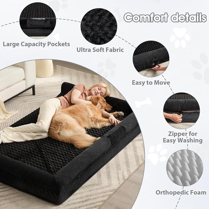 BFPETHOME Orthopedic Washable Human Dog Bed for Adult & Dog Cozy Sleep | Human Size Waterproof Big Soft Pet Couch Bed for Adult & Dogs Relax with Removable Cover Supportive Foam Black 61x43 Inch - Image 2