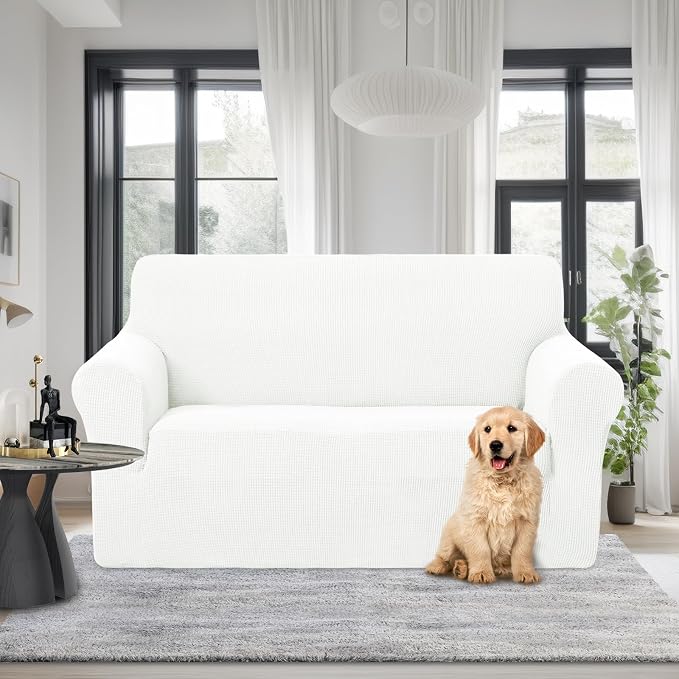 U-NICE HOME Loveseat Cover Stretch Couch Cover Sofa Slipcover, Ivory White | 2 Cushion Sofa, 1-Piece Sofa cover, Washable, Pet friendly, Furniture protector, Polyester Spandex Jacquard fabric - Image 2