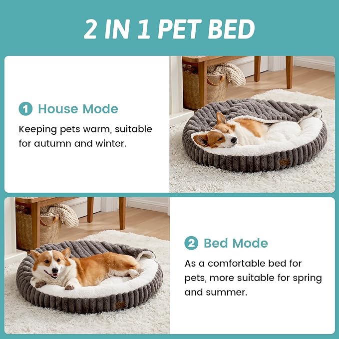 Dog Bed with Hooded Blanket, Round Fluffy Anti-Anxiety Pet Bed for Small Dogs & Medium Dogs, Cozy Donut Cuddler with Machine Washable Faux Fur & Anti-Slip Bottom(26"×26"×7",Grey) - Image 3