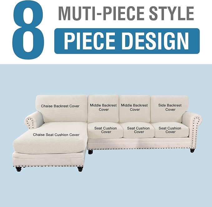 H.VERSAILTEX Sectional Couch Covers 8 Pieces Stretch Sofa Covers for Sectional Sofa Set Separate L Shaped Couch Cover for Both Left/Right Couch (Seat and Back: 1 Chaise + 3 Sofa, Ivory) - Image 2